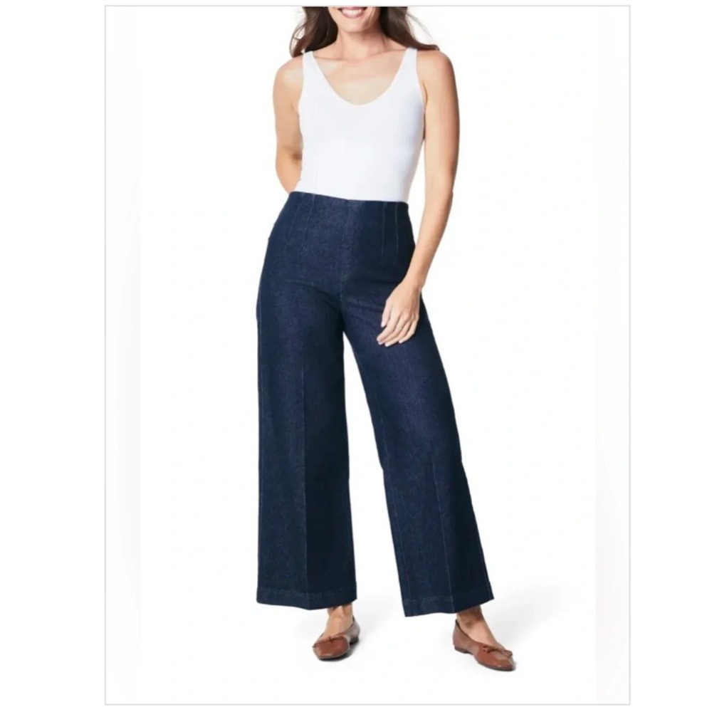 Spanx The Get Moving Wide Leg Jeans Dark Wash Indigo Pull On High Rise Large